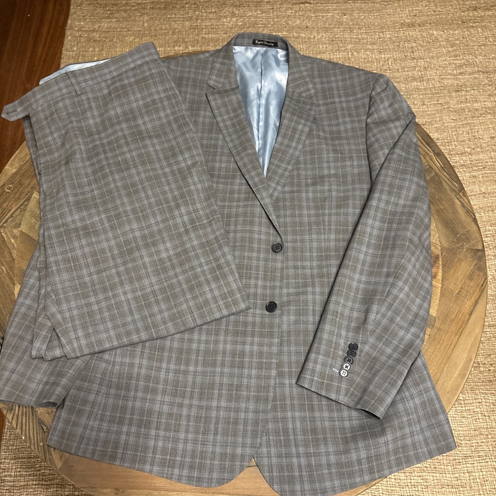 English Laundry Gray Blue Plaid 100% Wool 2-piece Suit Size 48L  Pants 41W